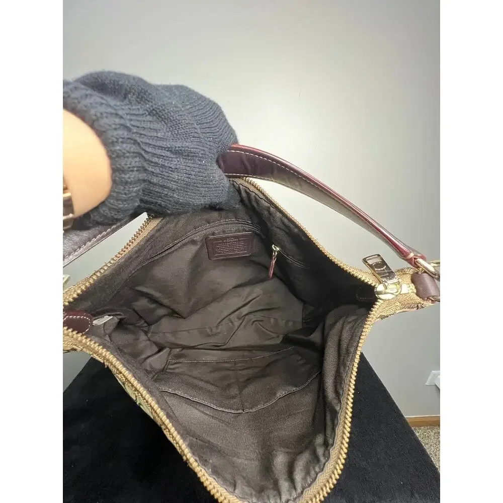Coach F55365 Signature Canvas Zip Hobo Shoulder Bag Khaki Brown Leather Trim